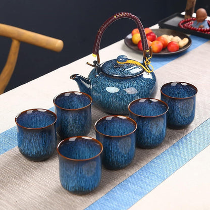 Webao Tee Set Chinesische Teeservice Keramik 600ml Teekanne 6 Tasse 120ml Kungfu Tee Services Ofenveränderte Glasur Blau