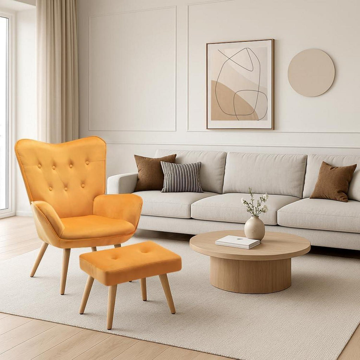 Ohrensessel mit Hocker – Gelber Samt Relaxsessel Wohnzimmer