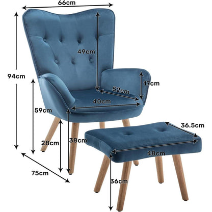 Ohrensessel mit Hocker, Blau – Samt Relaxsessel für Wohnzimmer