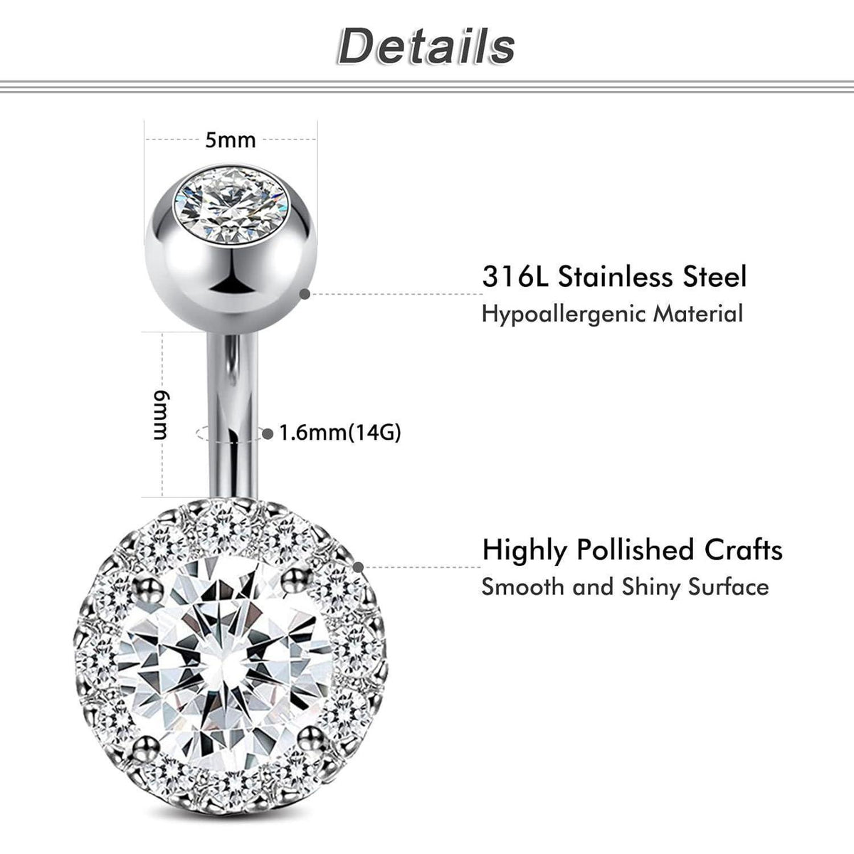 Bauchnabelpiercing 14G 6mm Silber Gold Blume Herz Kristall