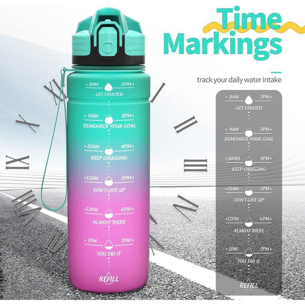 Sport Trinkflasche mit Zeitmarkierung, auslaufsicher, BPA-frei, 500ml Smaragd-lila