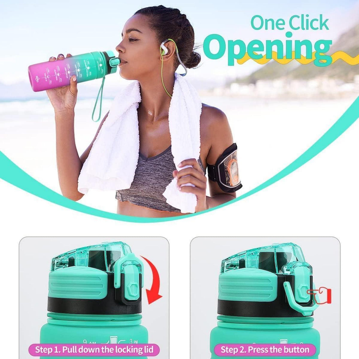 Sport Trinkflasche mit Zeitmarkierung, auslaufsicher, BPA-frei, 500ml Smaragd-lila