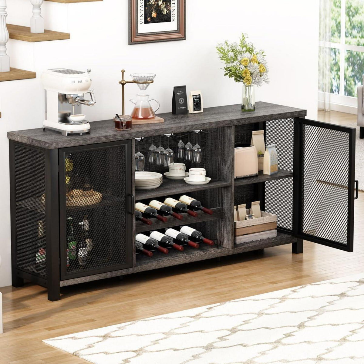 Industrieller Buffetschrank mit Stauraum & Weinregal 140cm