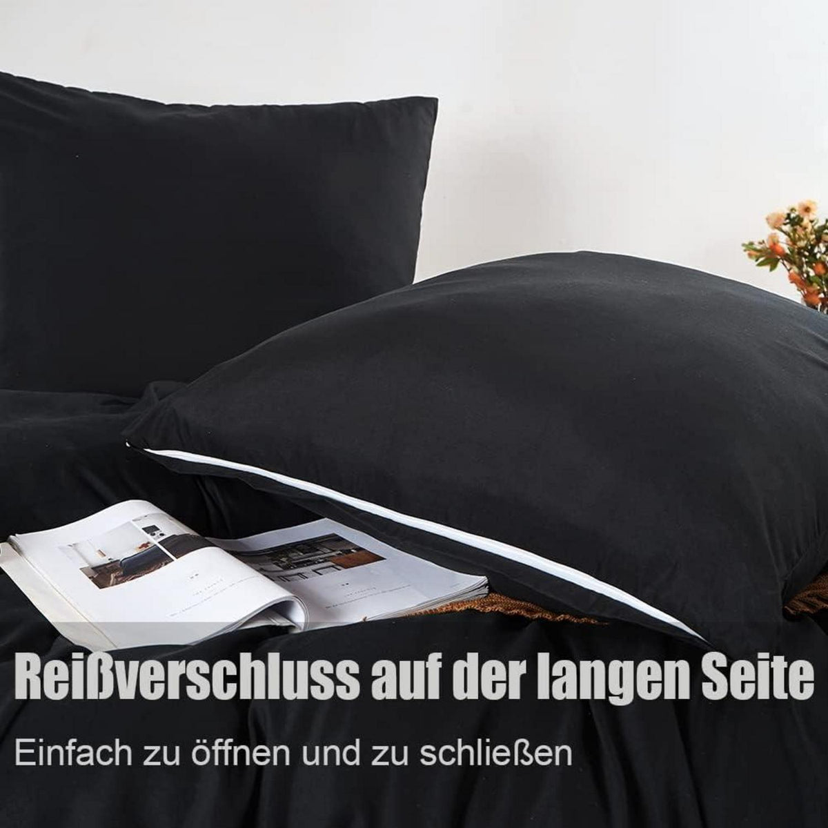 Kissenbezug 80x80 2er Set Schwarz Mikrofaser bügelfrei Reißverschluss