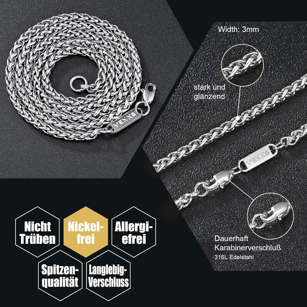 Herren Halskette Panzerkette 18K Gold Vergoldet Cuban Link 3mm 56cm