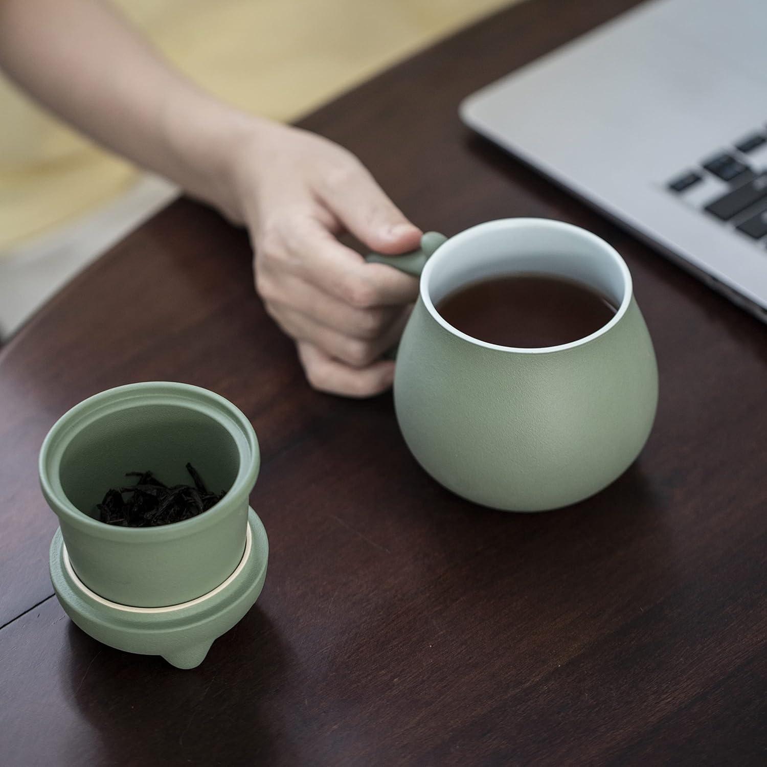 Keramik Tee-Tasse Katze Design Teesieb Deckel 383ml grün