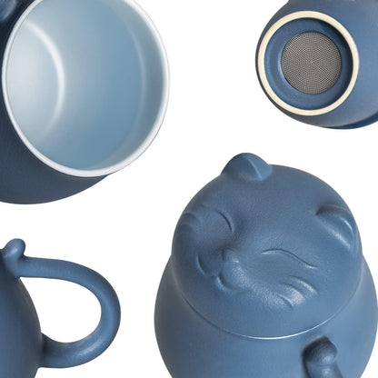 Keramik Teetasse mit Katzendesign, Teesieb und Deckel, 13.5oz, Blau