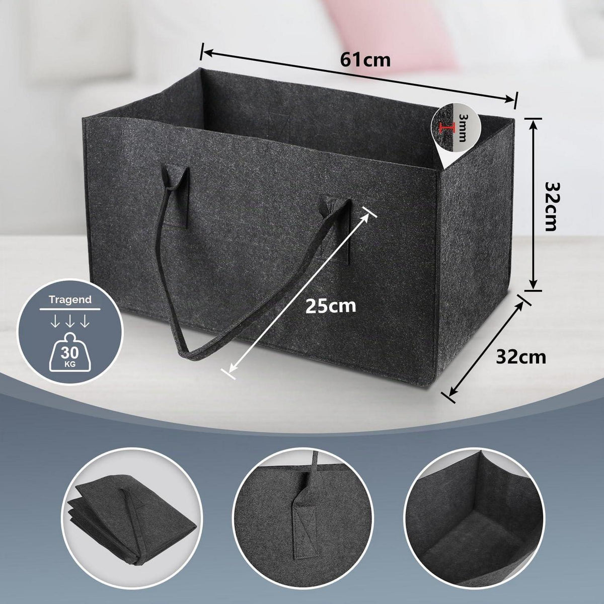 Filztasche XXL 61x32x32cm - 2er Set Dunkelgrau