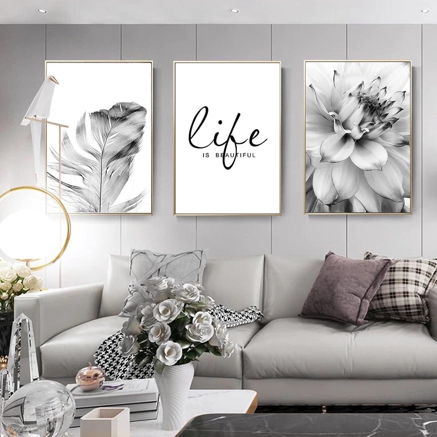 Moderne Schwarze Weiße Blumen Feder Wandbilder Set 50x70cm