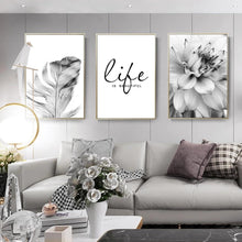 Moderne Schwarze Weiße Blumen Feder Wandbilder Set 50x70cm