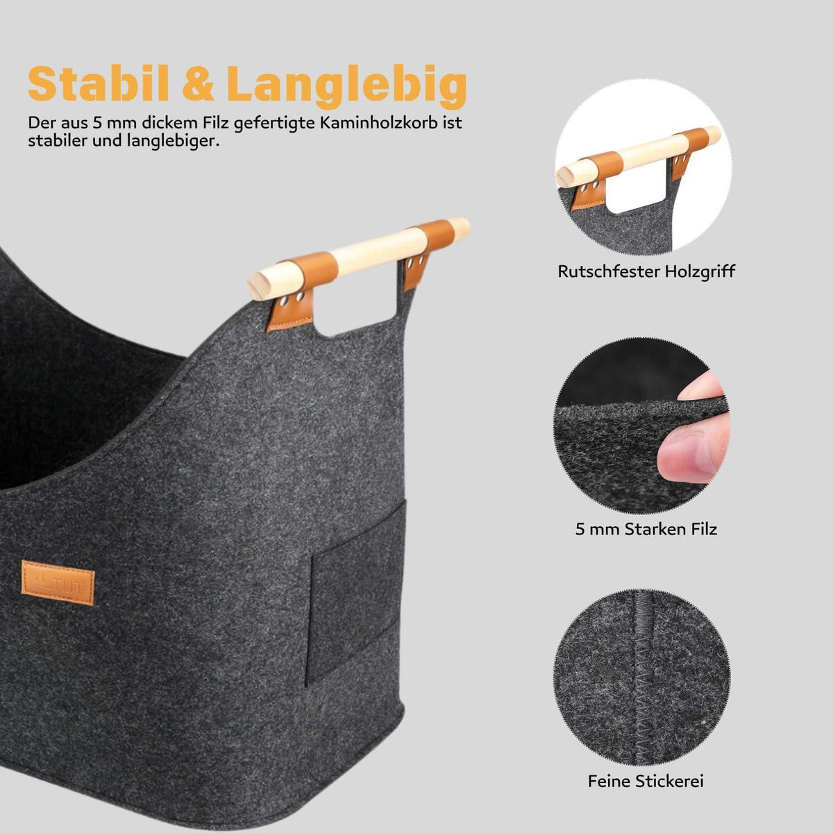 XXL Filz Kaminholzkorb, Stabil & Dekorativ, 60L, Dunkelgrau 50x40x30cm