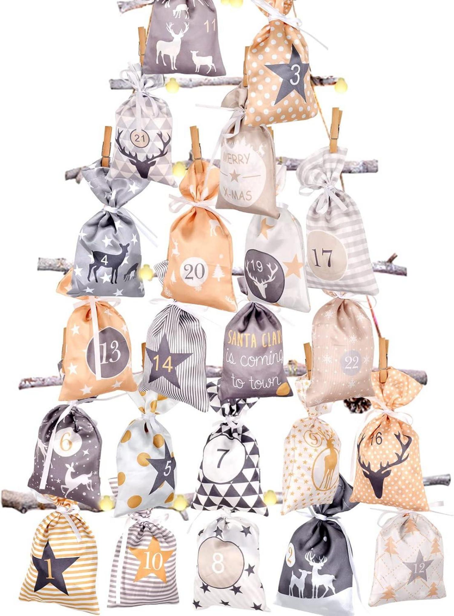 Adventskalender zum Befüllen: Stoffbeutel Kette DIY Gelb Grau 24