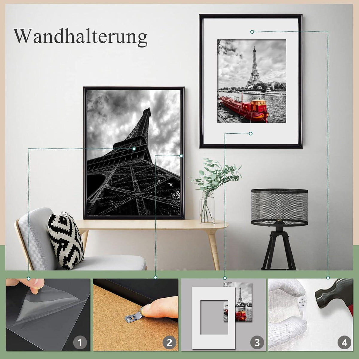 Schwarze Fotorahmen Set A4 Plexi-Glas Haken Wohnzimmer Portraitrahmen