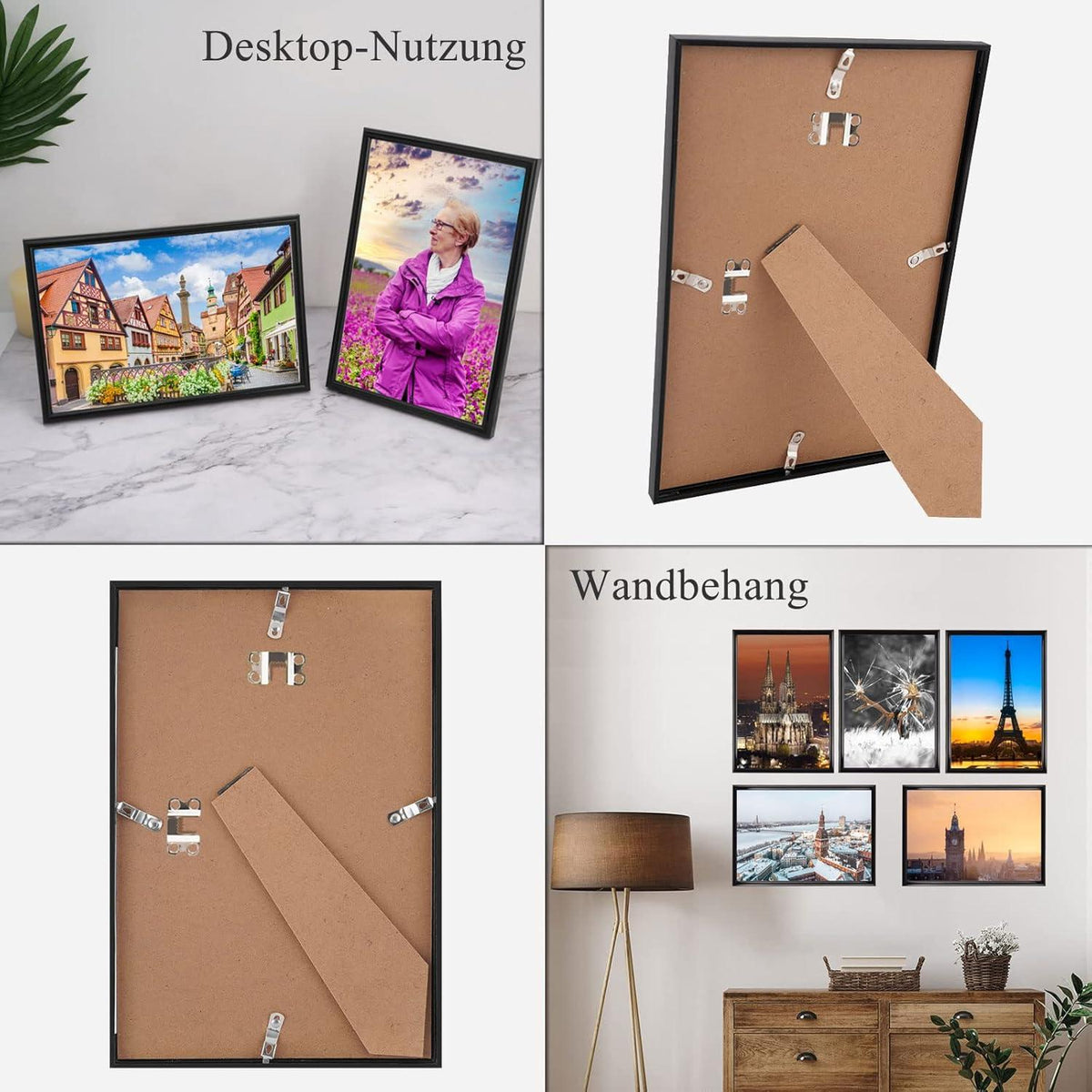 5er Set Schwarze Fotorahmen DIN A4 Plexi-Glas Nahtloser Haken