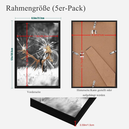 5er Set Schwarze Fotorahmen DIN A4 Plexi-Glas Nahtloser Haken