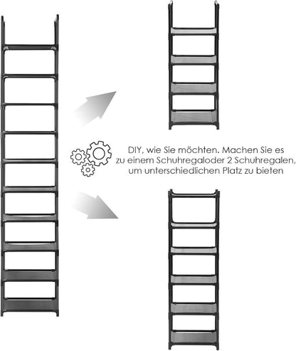 Vertikales Schuhregal 10 Ebenen schmales freistehender Vliesstoff Metall