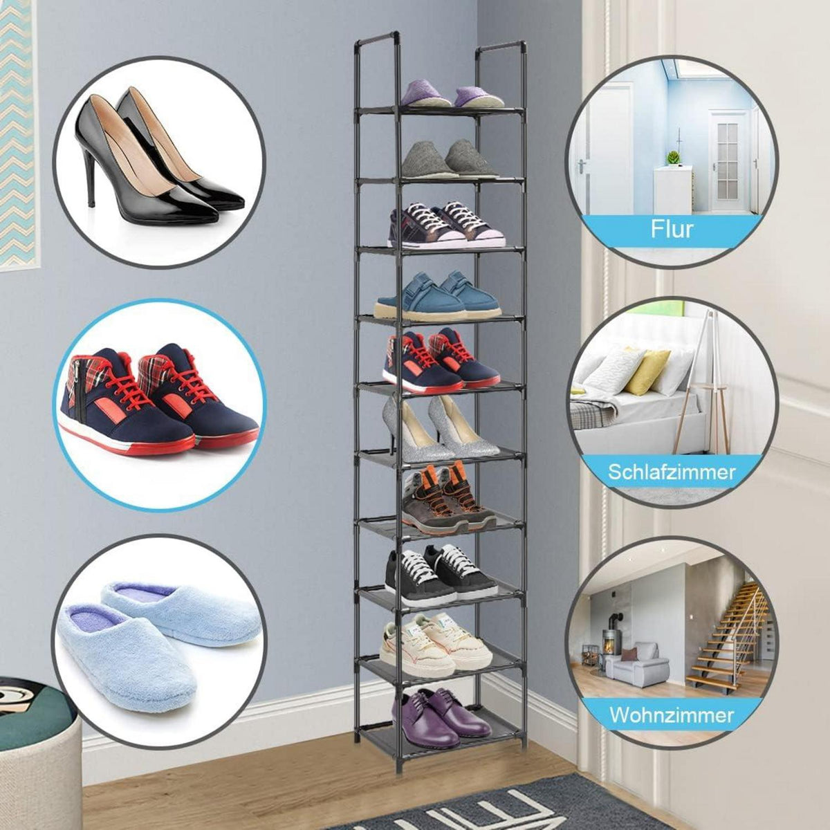 Vertikales Schuhregal 10 Ebenen schmales freistehender Vliesstoff Metall