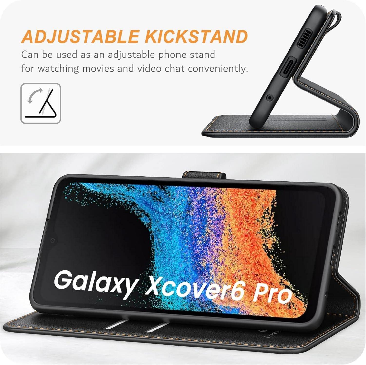 Premium Leder Handyhülle Samsung Galaxy Xcover6 Pro Case Schwarz