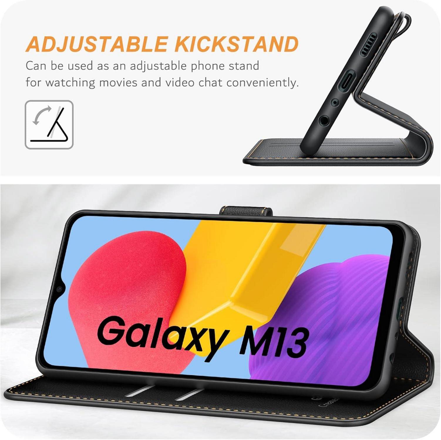 Samsung Galaxy M13 4G Handyhülle Schwarz Leder Klapphülle - Kartenschlitzen Magnetverschluss Standfunktion - Ganbary