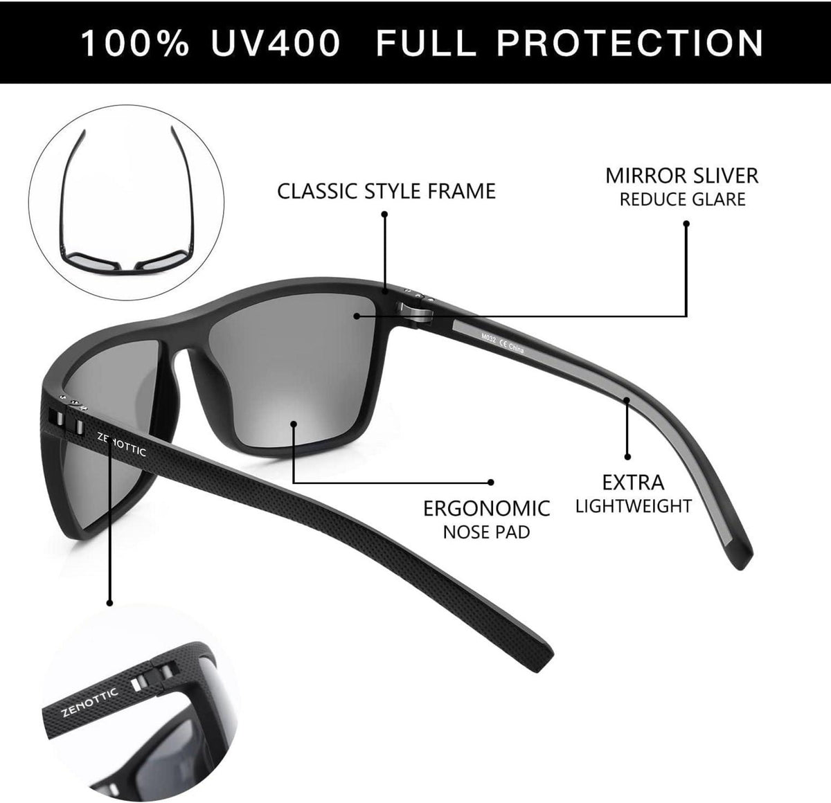 Polarisierte Sonnenbrille Herren TR90 Rahmen UV400 Schutz Schwarz Silber
