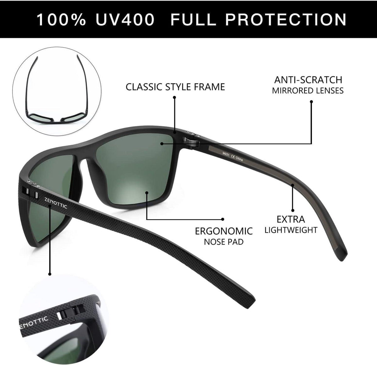 Polarisierte Sonnenbrille UV400 Herren TR90 Rahmen Quadrat Schwarz Grün