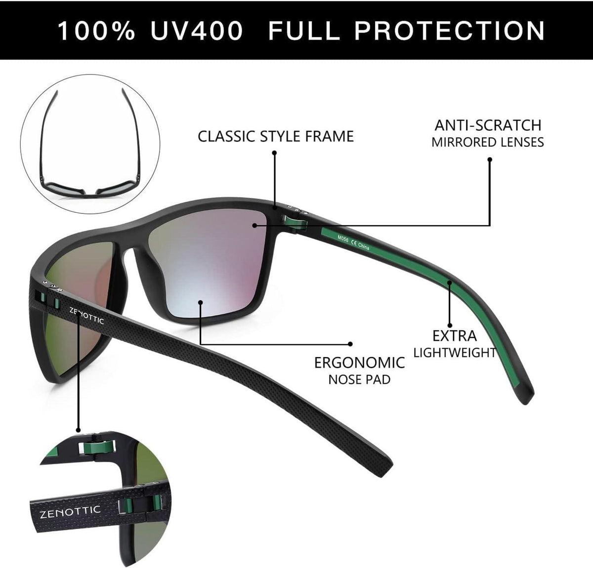 Polarisierte Sonnenbrille Herren TR90 Rahmen UV400 Schutz Grün Verspiegelte Linse