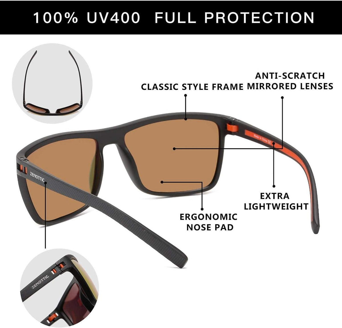 Polarisierte Herren Sonnenbrille TR90 Rahmen UV400 Schutz Schwarz/Orange