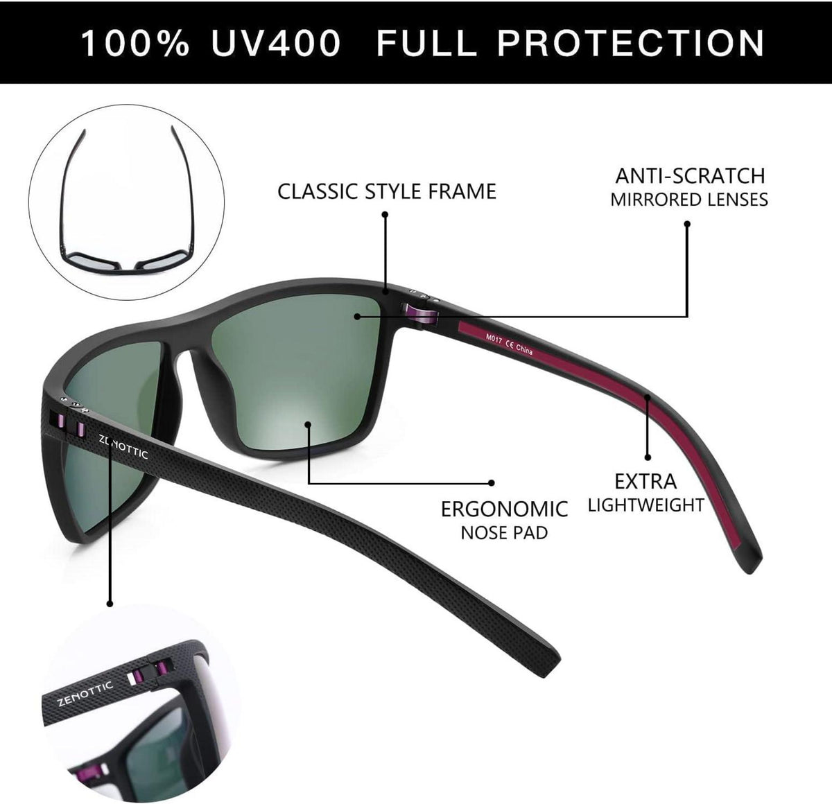 Polarisierte Sonnenbrille Herren TR90 Rahmen UV400 Schwarz Lila