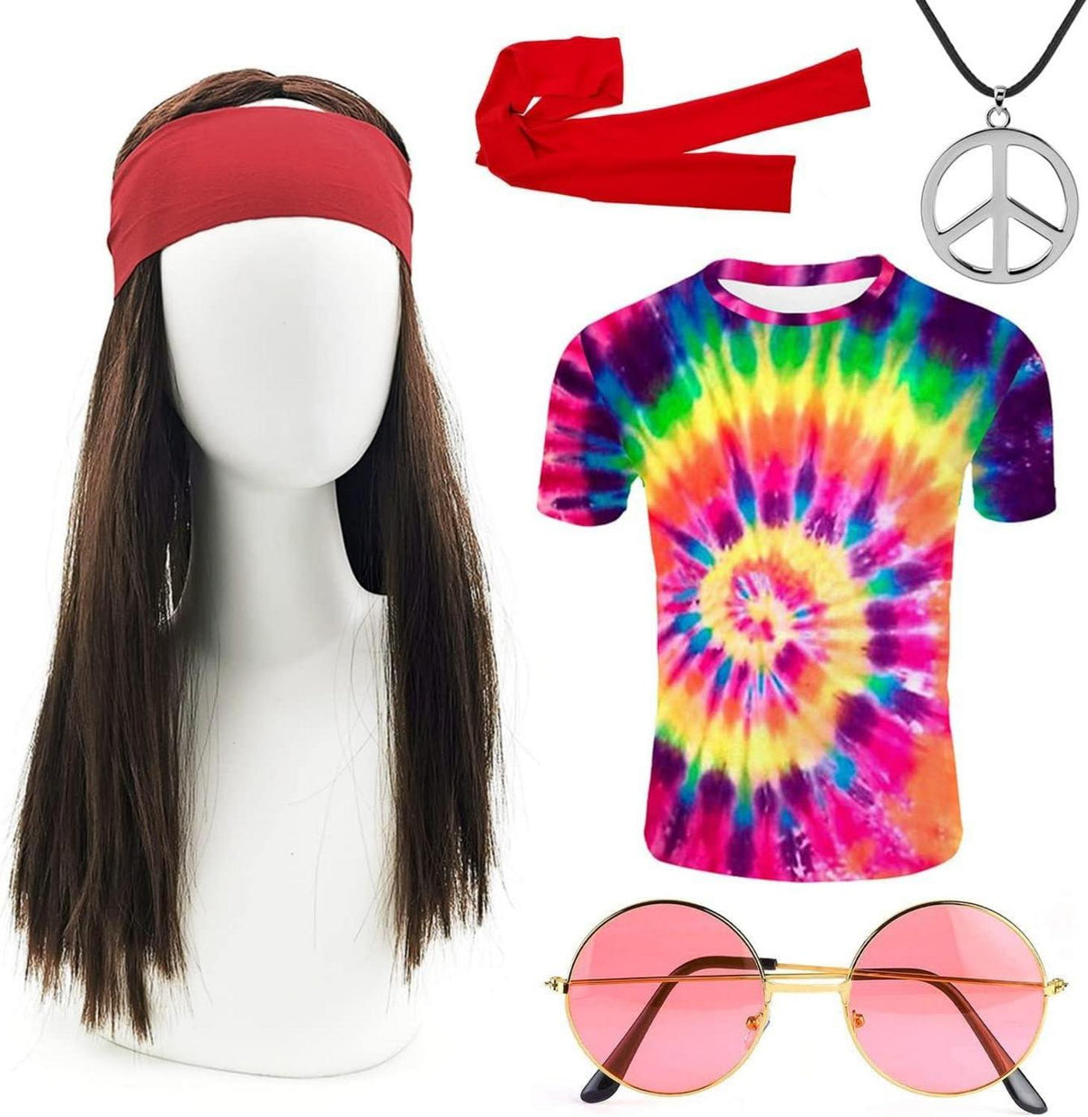 70er Hippie Kostüm Set Peace Brille Stirnband T-Shirt Perücke - Fasching Karneval