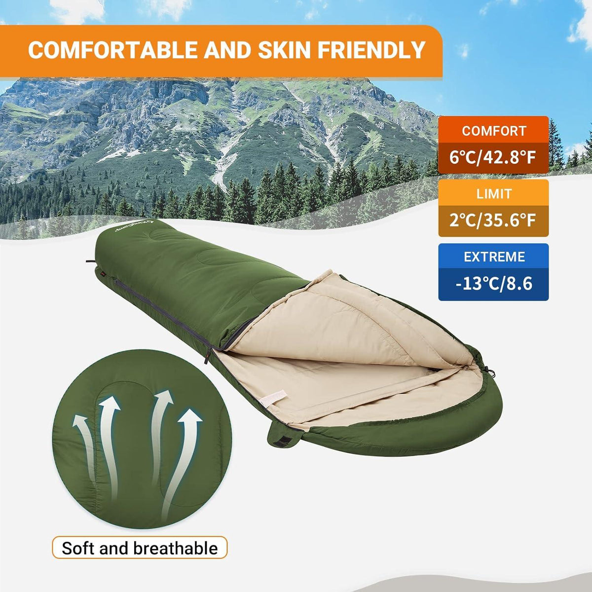 KingCamp Mumienschlafsack 3-4 Jahreszeiten 165x70x45cm Olive Green