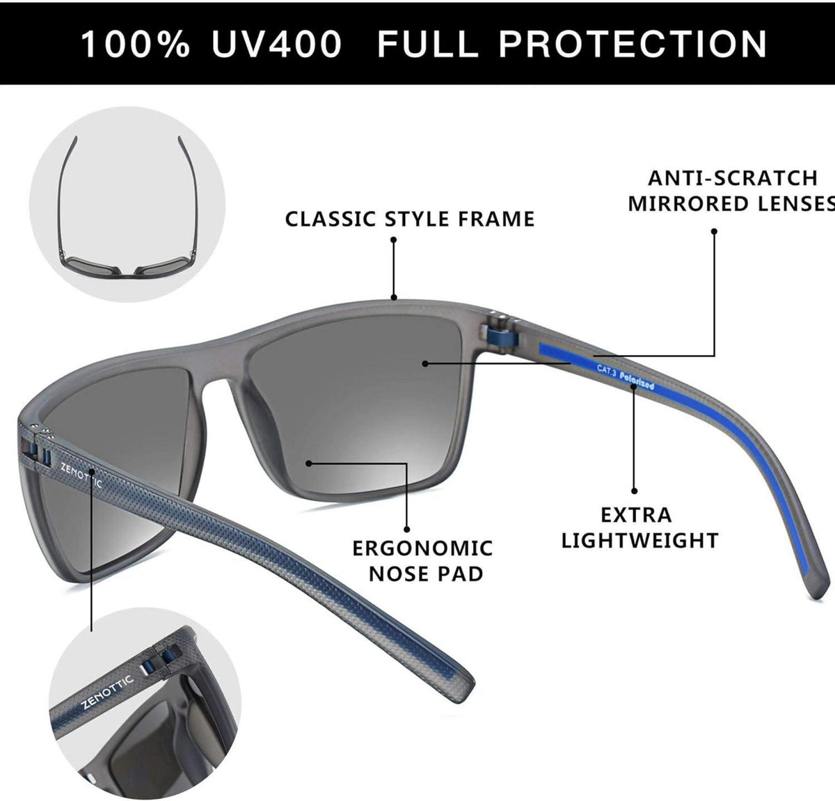 ZENOTTIC Polarisierte Sonnenbrille Herren TR90 Rahmen UV400 Schutz Quadrat C03