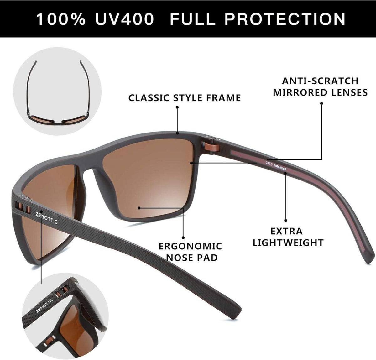 ZENOTTIC Polarisierte Herren Sonnenbrille TR90 Rahmen UV400 Schutz Quadrat C01