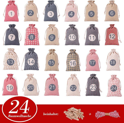 Adventskalender zum Selber Befüllen, 24 Stoffsäckchen