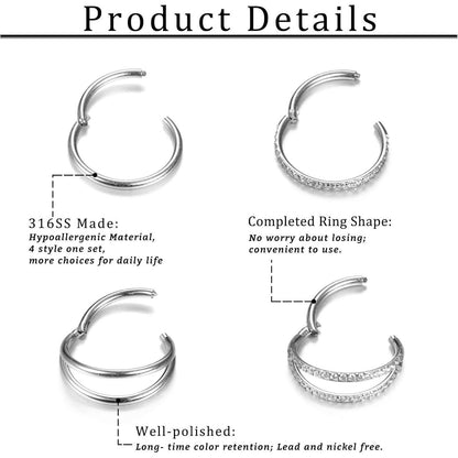4er Set Nasenringe aus Chirurgenstahl, Silber/Gold, 8mm/10mm, 18G