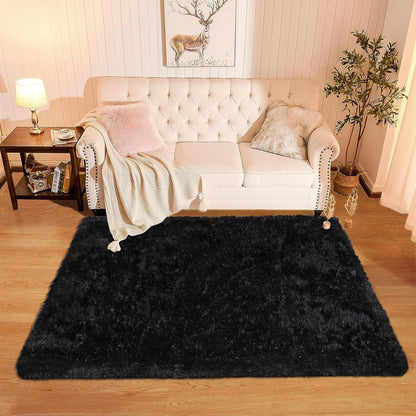 Enyhom Shaggy Teppich 120 x 160 cm Schwarz Luxus Samt Hochflor Teppich