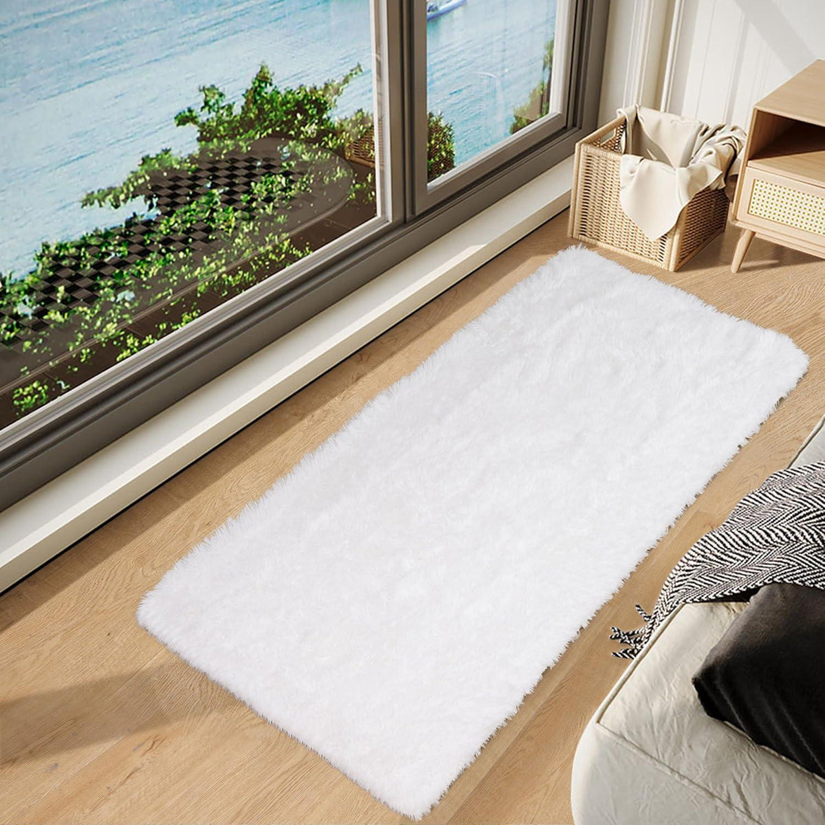 Enyhom Indoor Shaggy Teppich 80x160 cm Weiß Creme Hochflor Sofateppich