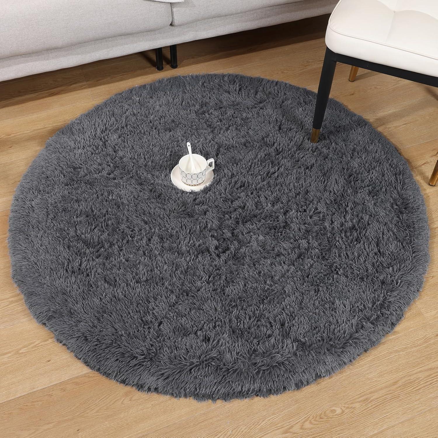 Runder Hochflor Fluffy Teppich 120 cm Grau - Weicher Plüsch