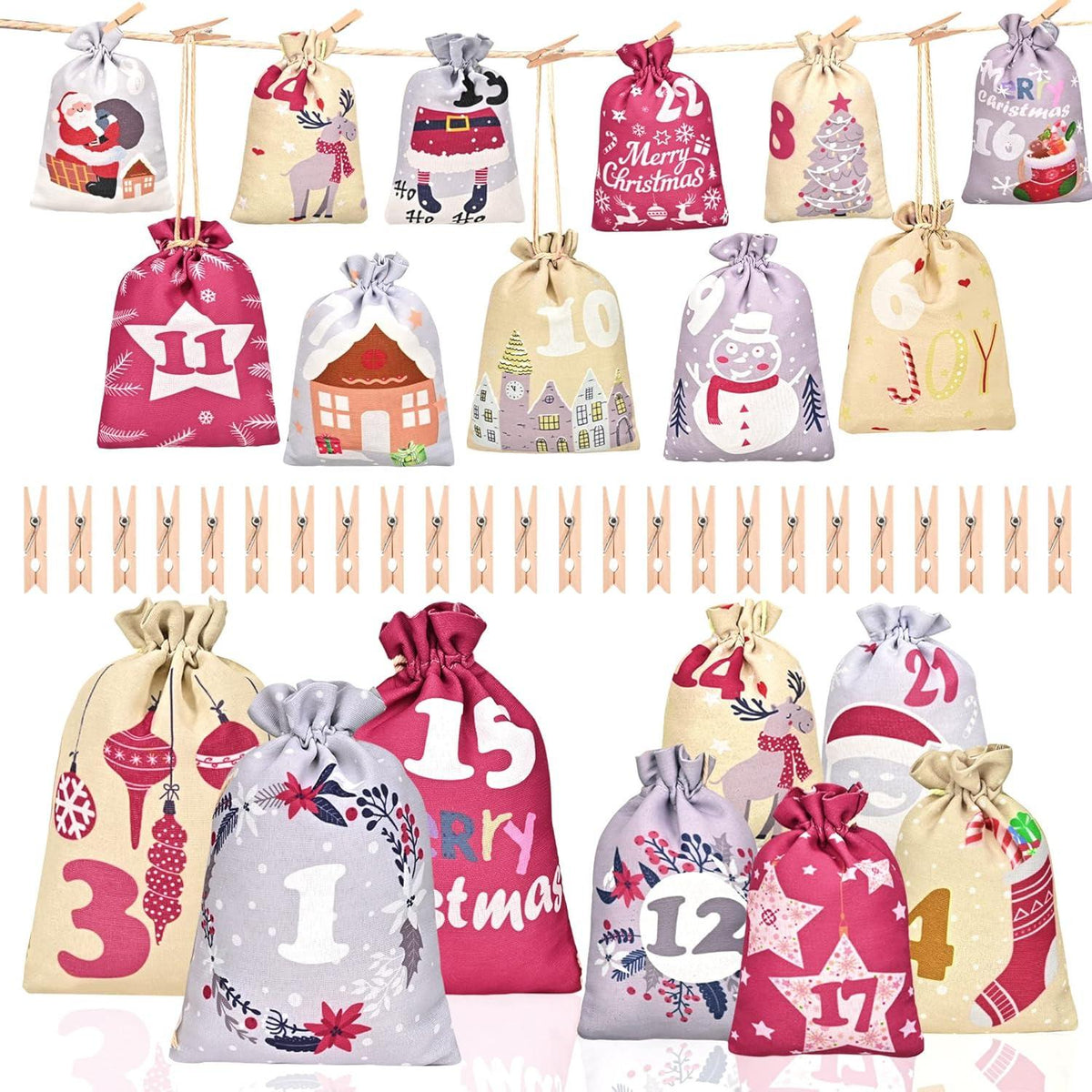 Adventskalender zum Befüllen Stoff 24 Weihnachten Säckchen Kinder DIY