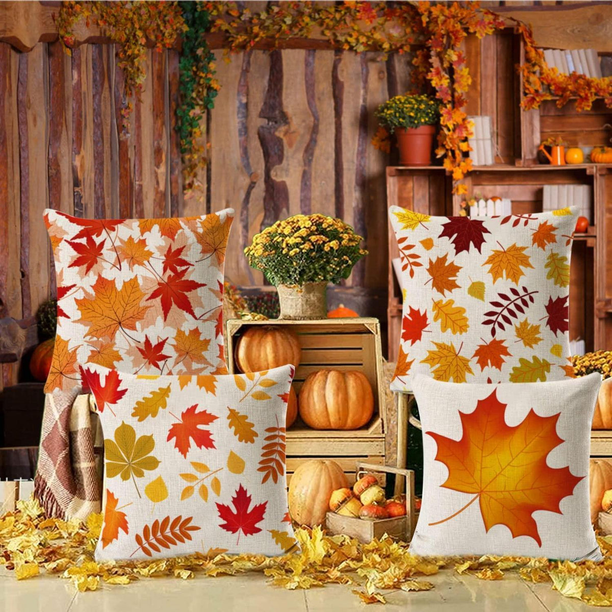 Herbst Kissenbezug Set 4er-Pack Ahornblatt & Kürbis 45x45 cm