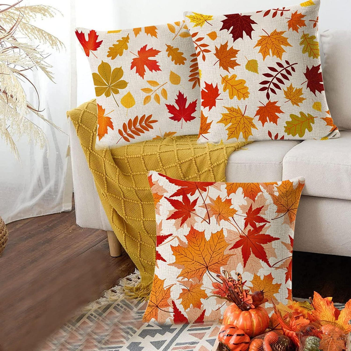 Herbst Kissenbezug Set 4er-Pack Ahornblatt & Kürbis 45x45 cm