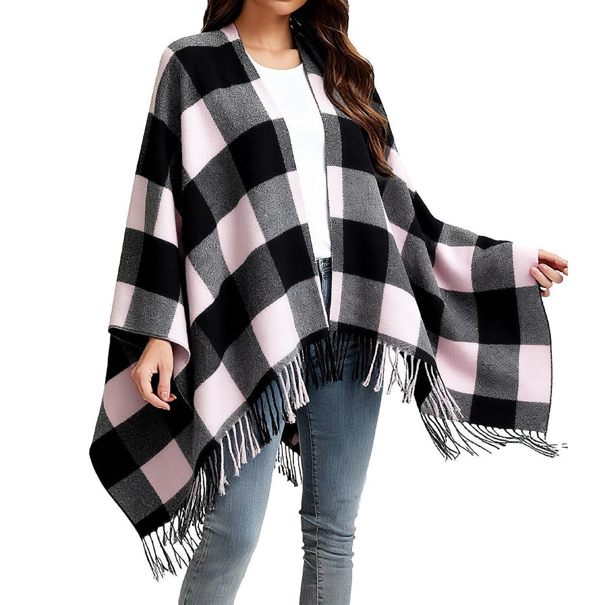 Karierte Damen Poncho Winter Schal aus Faux Kaschmir