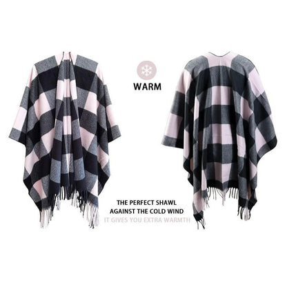 Karierte Damen Poncho Winter Schal aus Faux Kaschmir