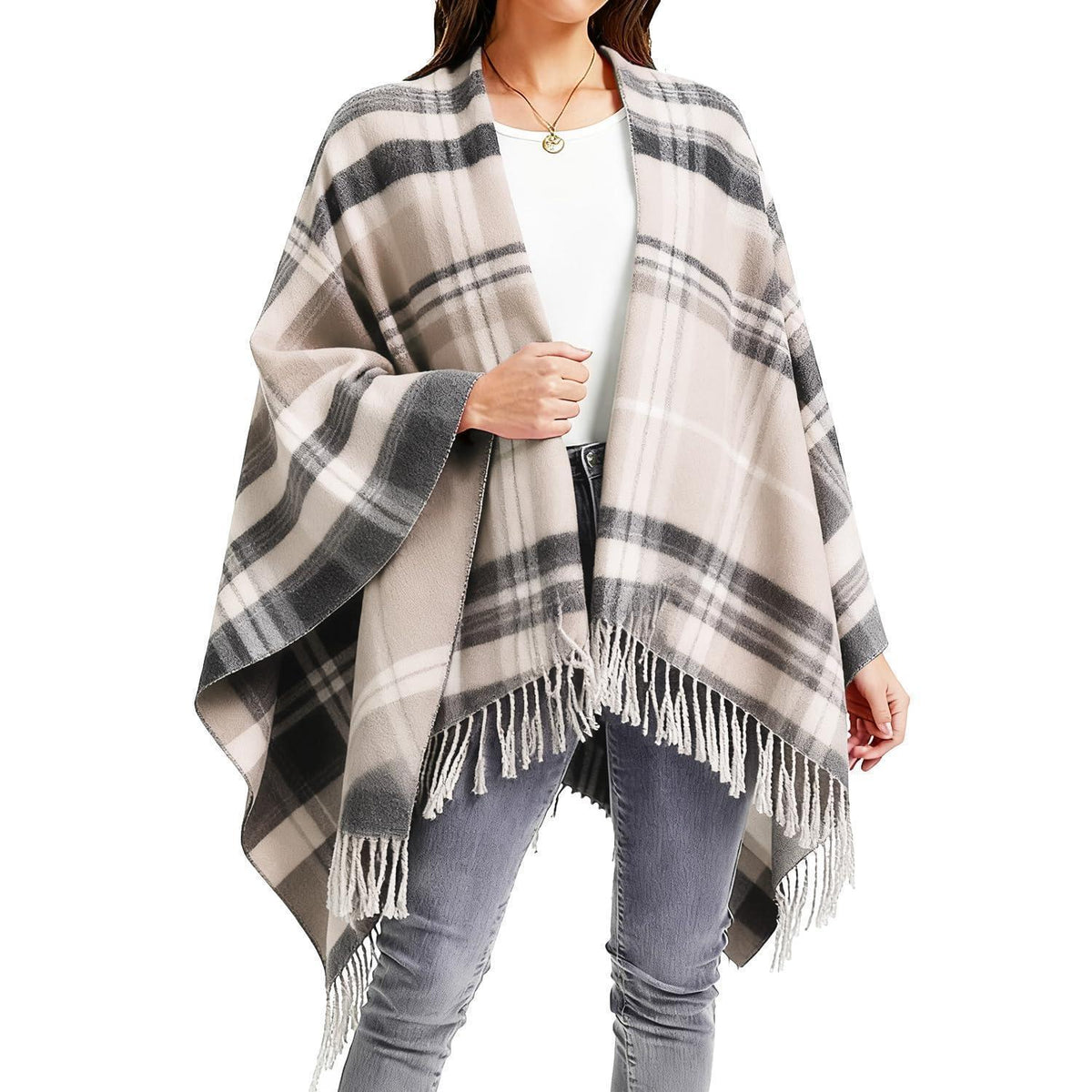 Damen Poncho Winter warm kariert Faux Kaschmir hellbraun