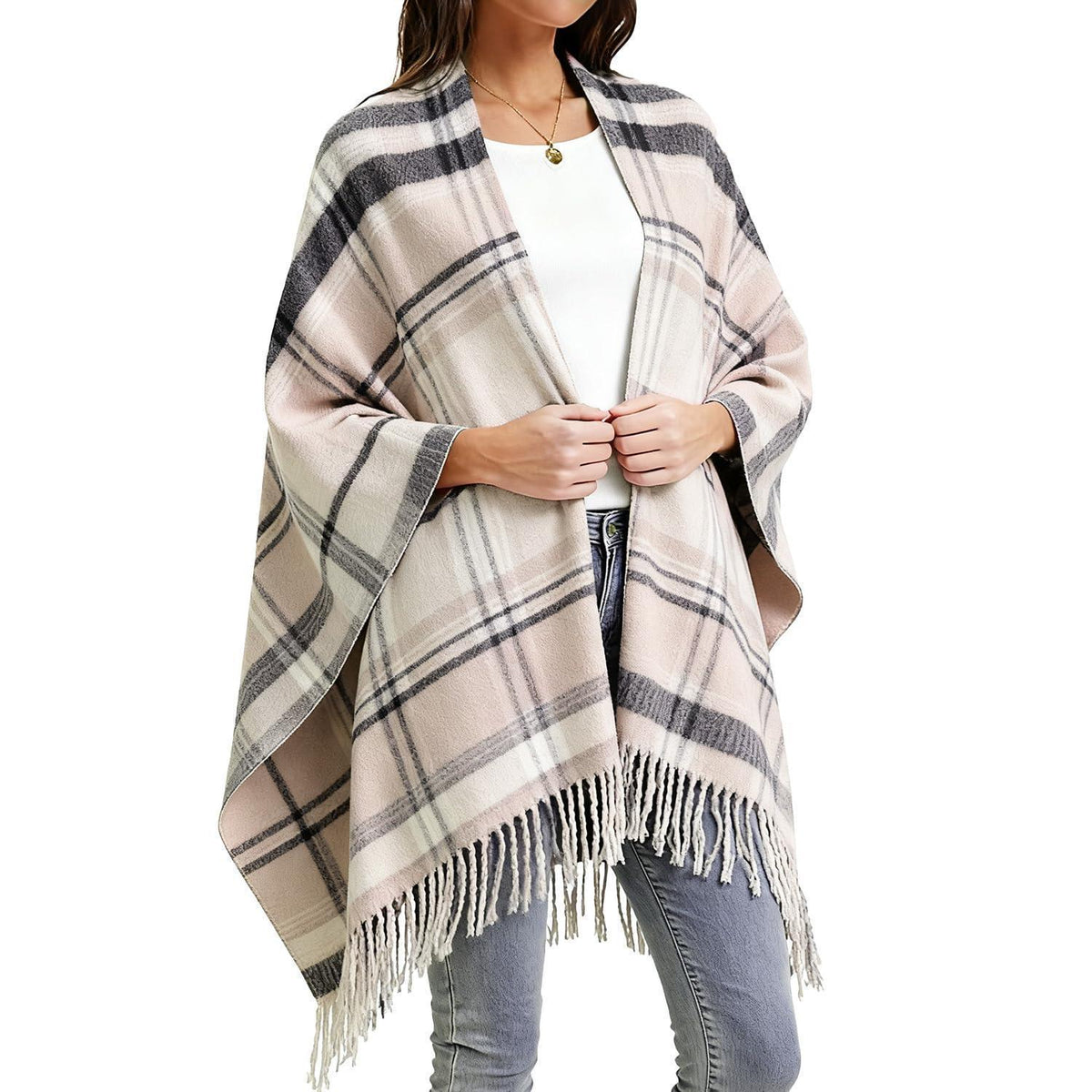 Damen Poncho Winter warm kariert Faux Kaschmir hellbraun