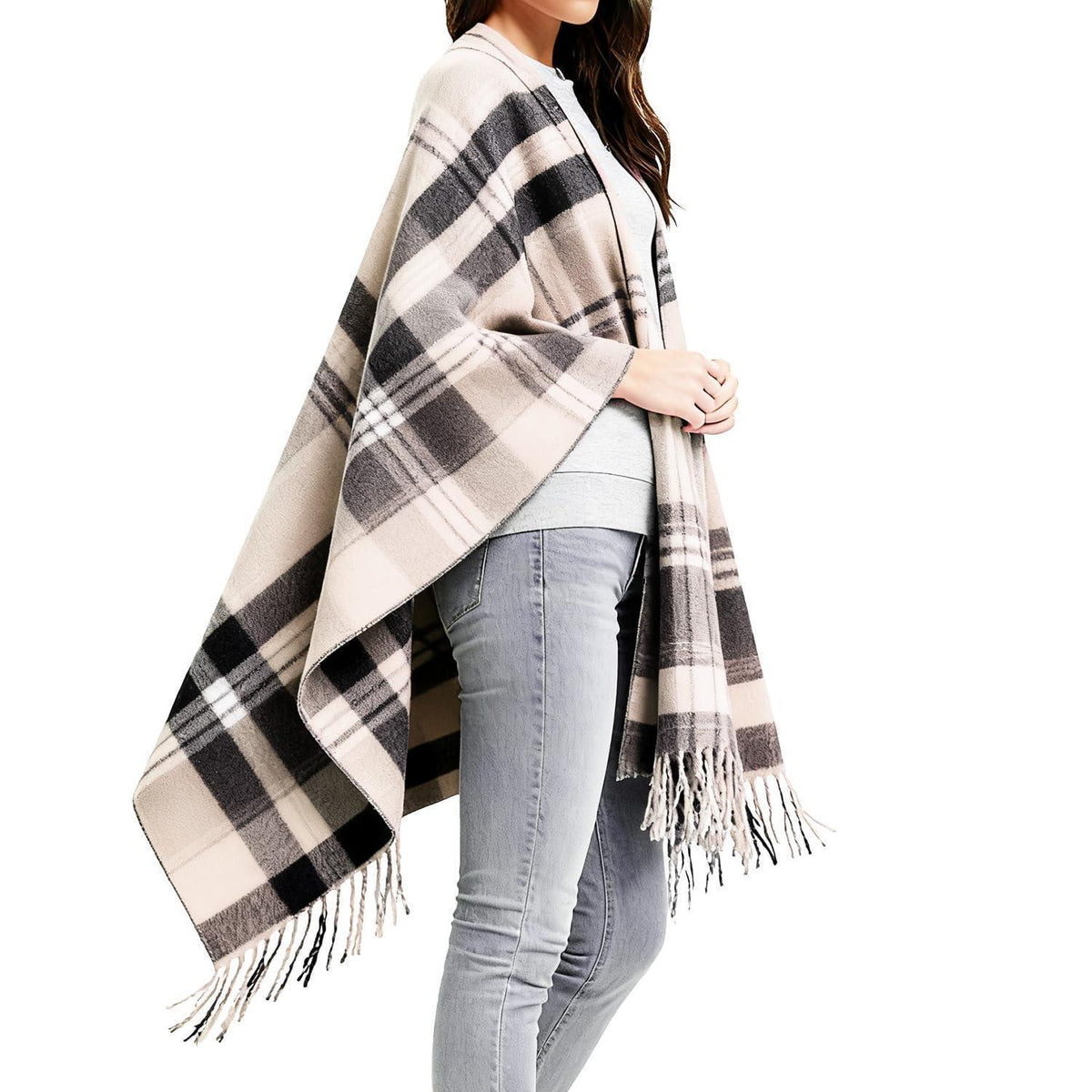 Damen Poncho Winter warm kariert Faux Kaschmir hellbraun