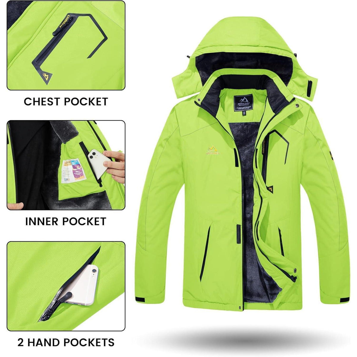 Herren Winterjacke wasserdicht winddicht mit Fleece Neongrün XL