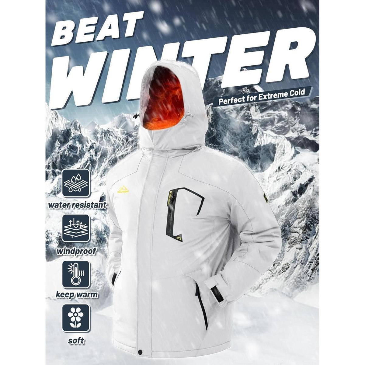 Herren Winterjacke wasserdicht warm gefüttert mit Kapuze Weiß