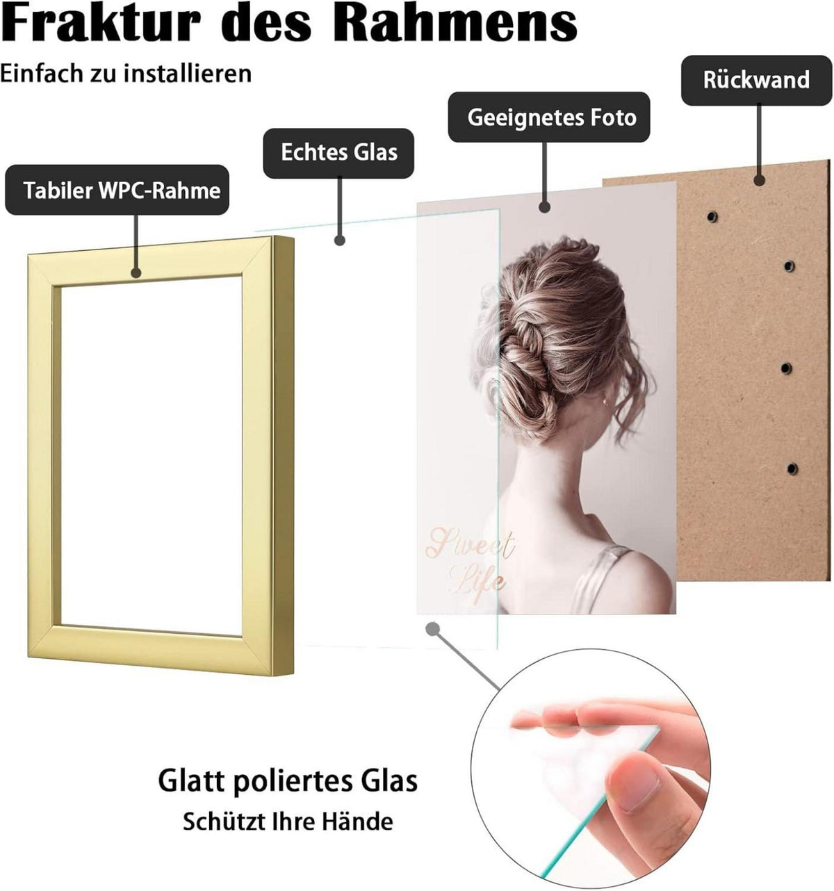 Gold Bilderrahmen 10x15 4er-Set Holz-Verbund Echtglas Wand Tischdekoration
