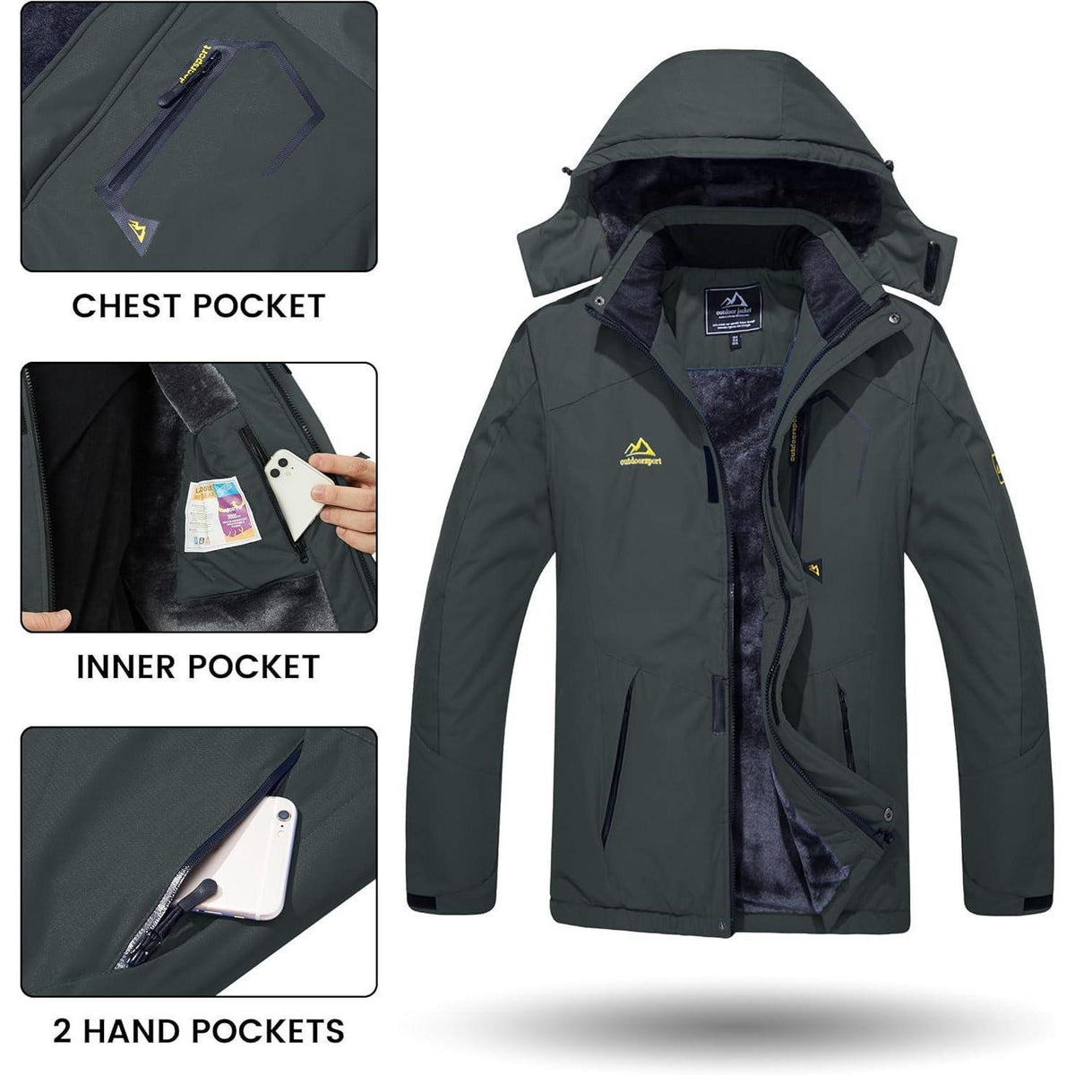 Herren Winterjacke wasserdicht warm gefüttert mit Kapuze Kohlengrau XXL