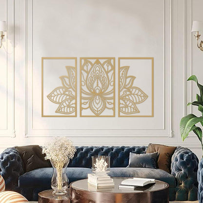 Lotus Blume Metall Wanddeko 3-teilig Wohnzimmer Schlafzimmer Büro Yoga 110cm